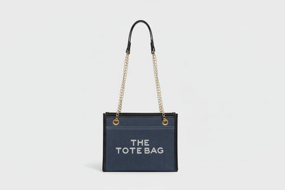 Denim Chain Tote Bag with Embroidered Statement Detail