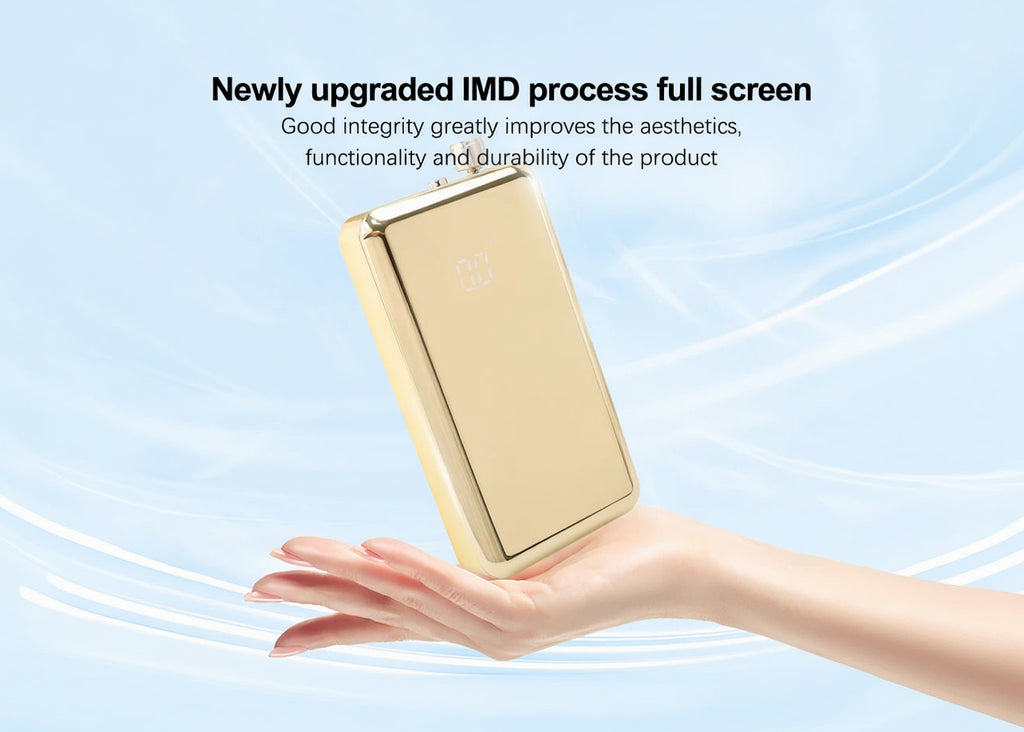 Gold phone case held in a hand with promotional text about an upgraded IMD process on a light blue background
