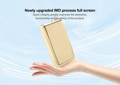 Gold phone case held in a hand with promotional text about an upgraded IMD process on a light blue background