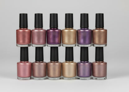 Nail polish bottle with a pink gradient on a pink background, featuring text about product longevity.