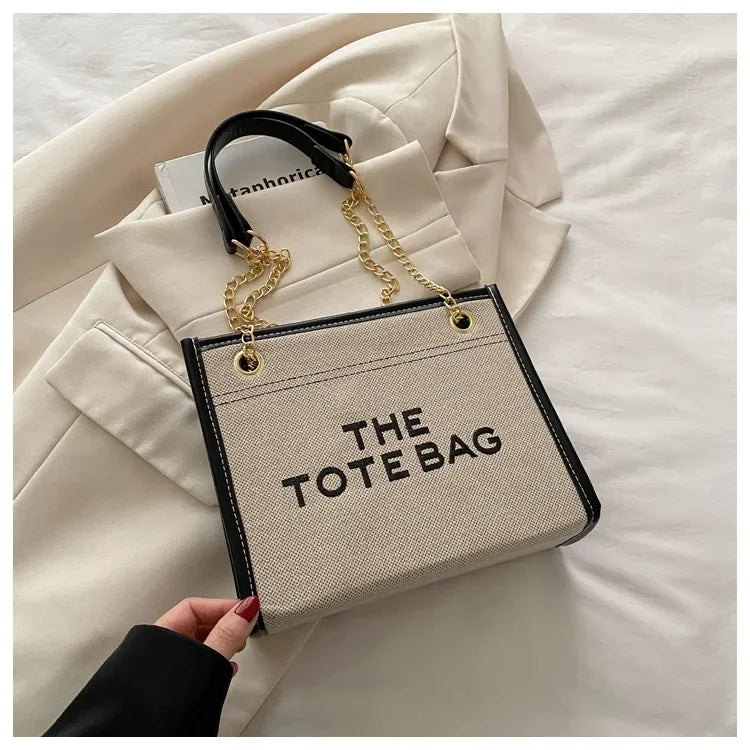 Denim Chain Tote Bag with Embroidered Statement Detail