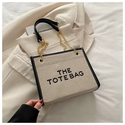 Denim Chain Tote Bag with Embroidered Statement Detail