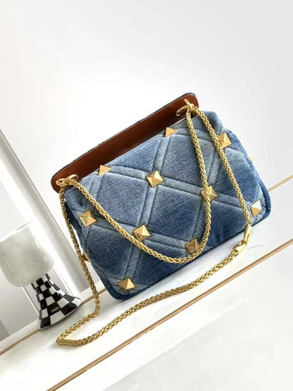 Belle Studded Denim Flap Shoulder Bag
