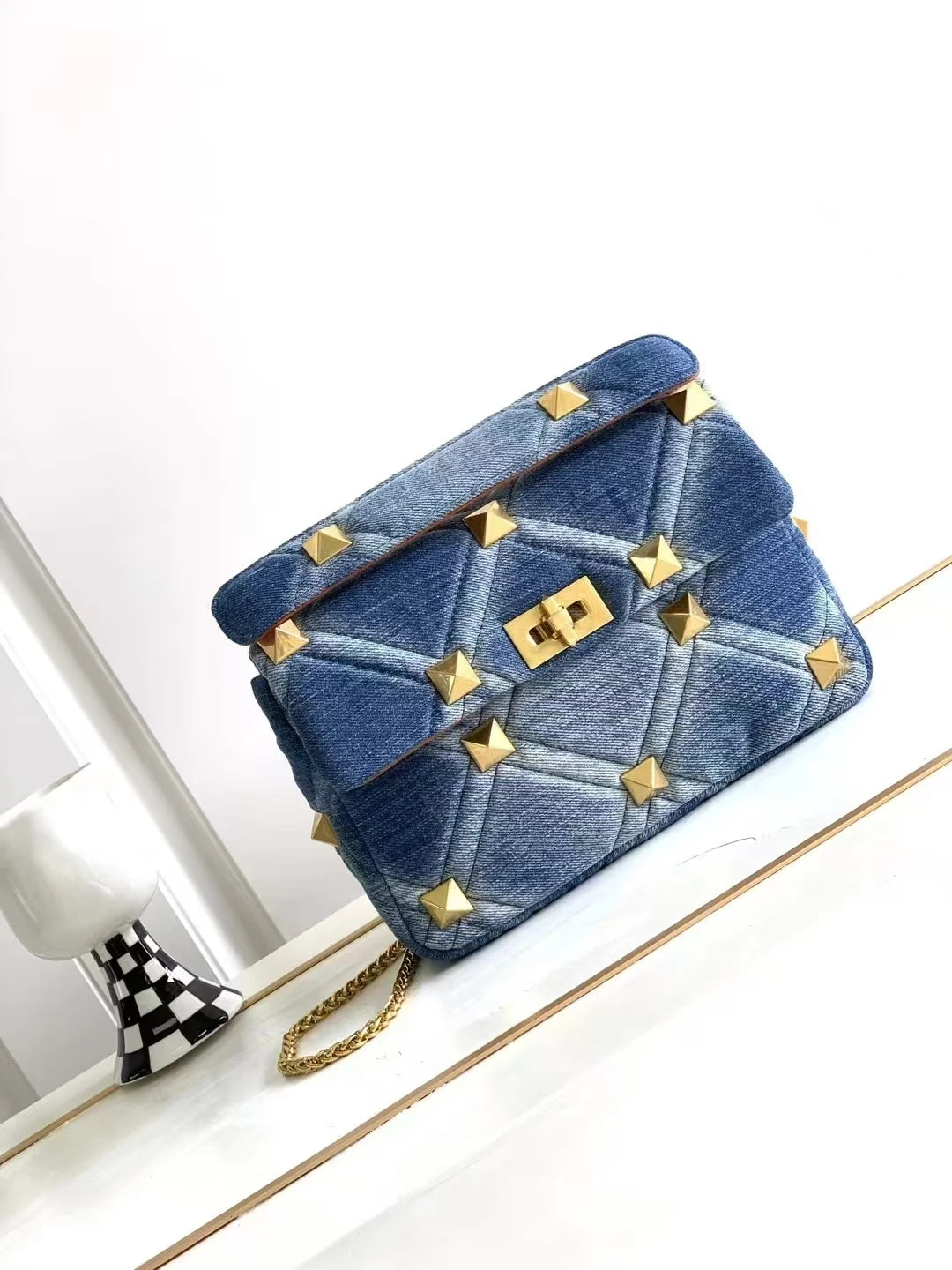 Belle Studded Denim Flap Shoulder Bag