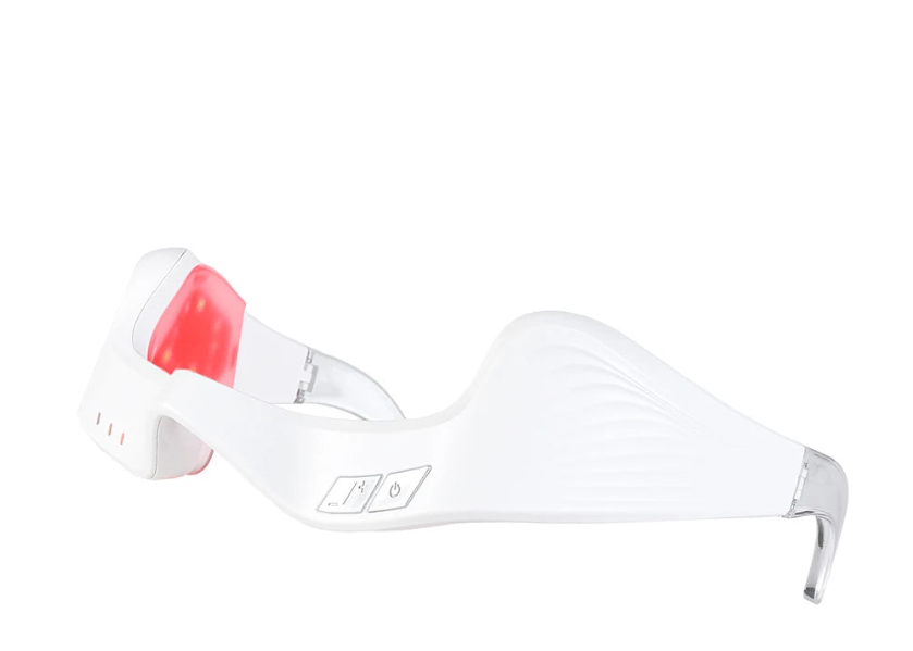 White electronic device with a red light on a white background