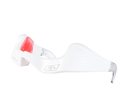 White electronic device with a red light on a white background
