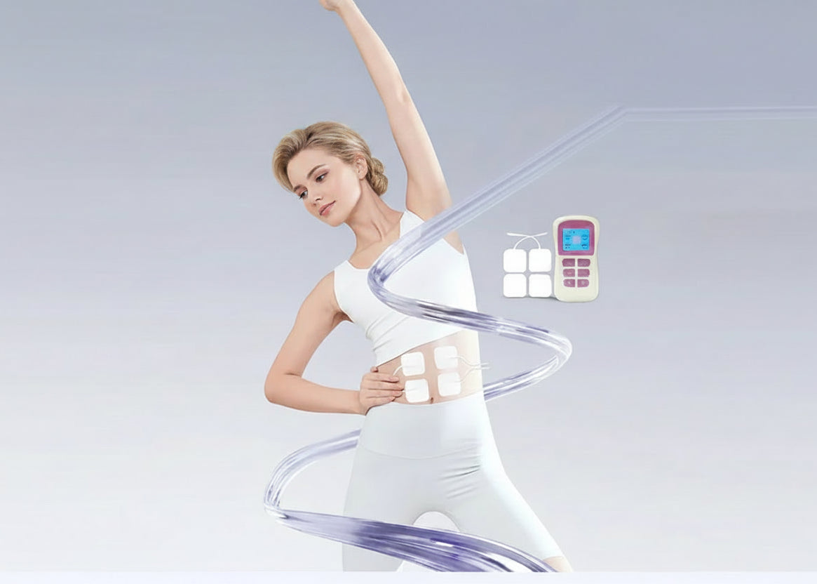 Woman wearing an abdominal repair device with a remote control on a light gray background