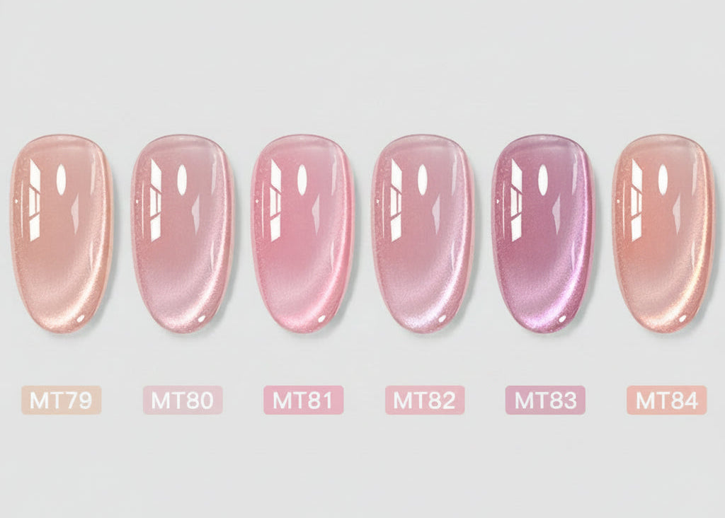 Display of pink nail polish colors with labels on a gradient background