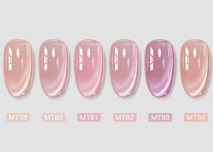 Display of pink nail polish colors with labels on a gradient background