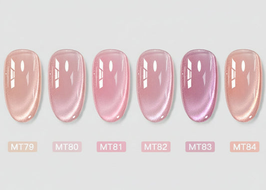 Display of pink nail polish colors with labels on a gradient background