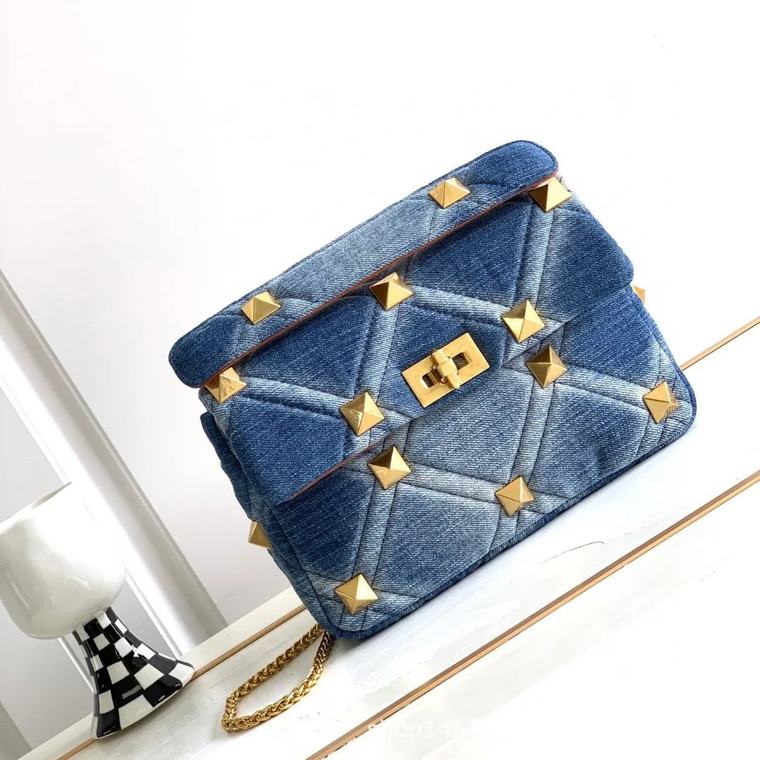 Belle Studded Denim Flap Shoulder Bag