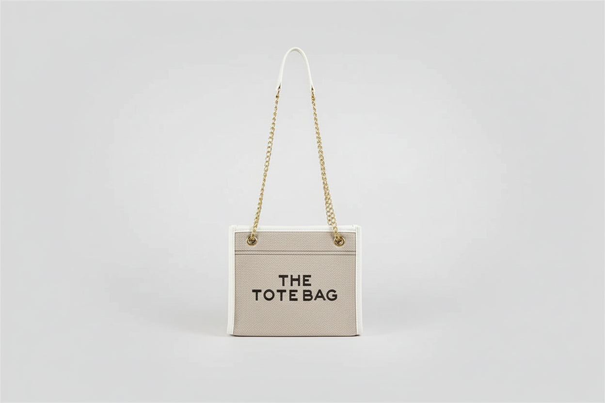 Denim Chain Tote Bag with Embroidered Statement Detail