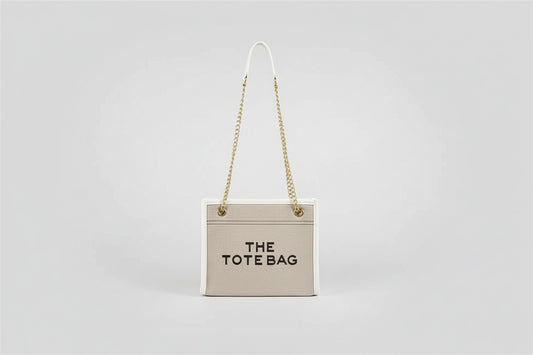 Denim Chain Tote Bag with Embroidered Statement Detail