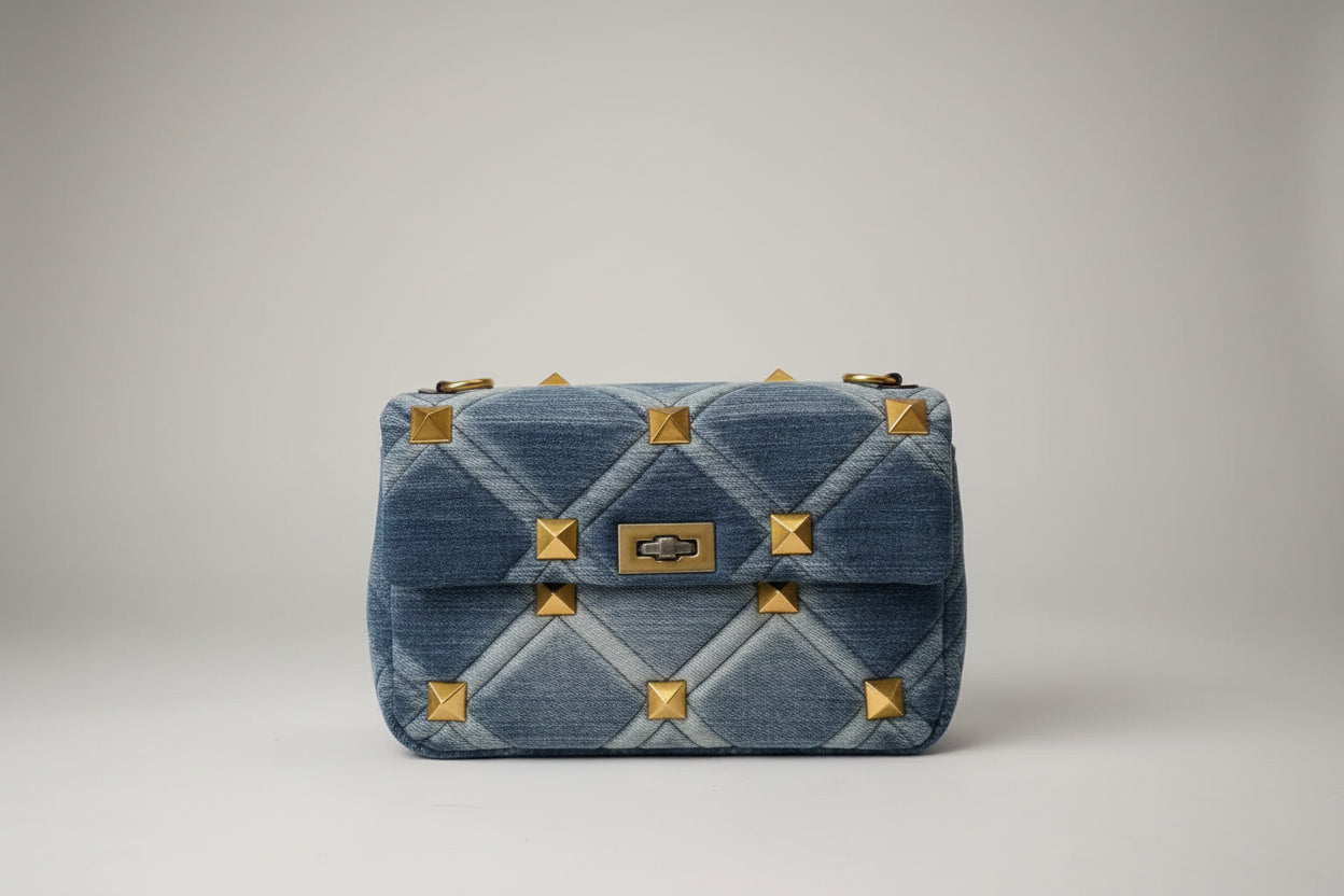 Belle Studded Denim Flap Shoulder Bag