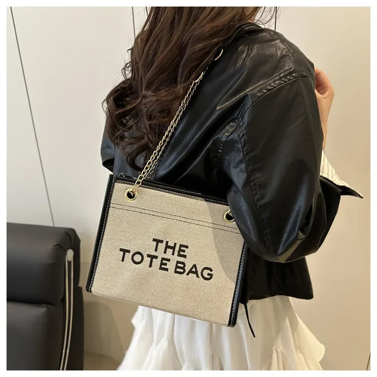 Denim Chain Tote Bag with Embroidered Statement Detail