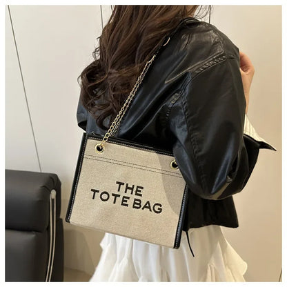 Denim Chain Tote Bag with Embroidered Statement Detail