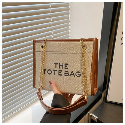 Denim Chain Tote Bag with Embroidered Statement Detail
