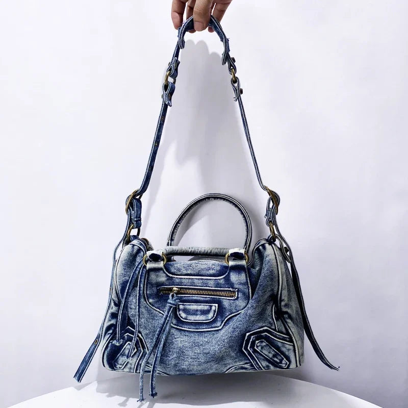 Moto-Inspired Top Handle Shoulder Bag