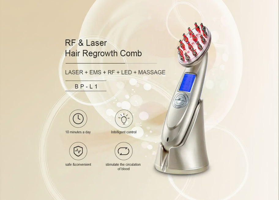 RF & Laser Hair Regrowth Comb with digital display on a beige background
