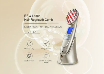 RF & Laser Hair Regrowth Comb with digital display on a beige background