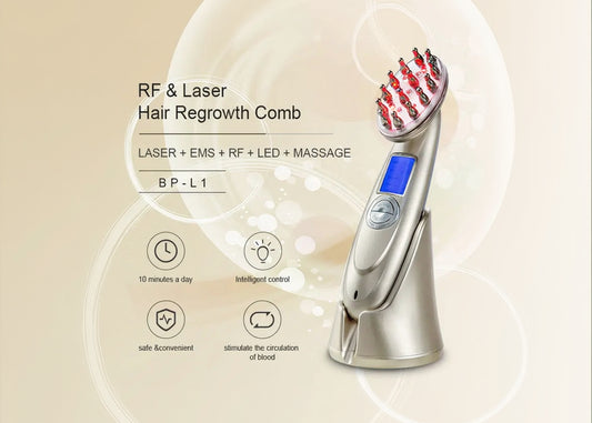 RF & Laser Hair Regrowth Comb with digital display on a beige background