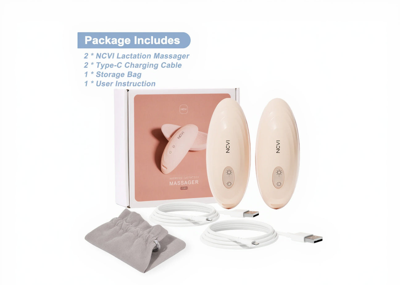 NCVI lactation massager set with packaging, charging cable, storage bag, and user instruction on a white background.