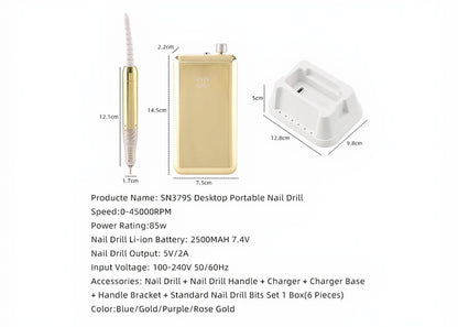 Desktop portable nail drill with dimensions and specifications on a white background