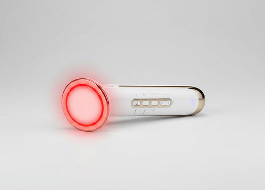 Red Infrared Light Therapy device being used on a person's face with text highlighting benefits.