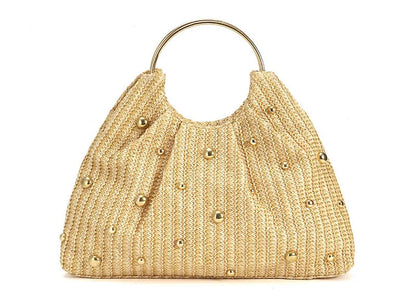 Beige woven handbag with gold studs on a white background