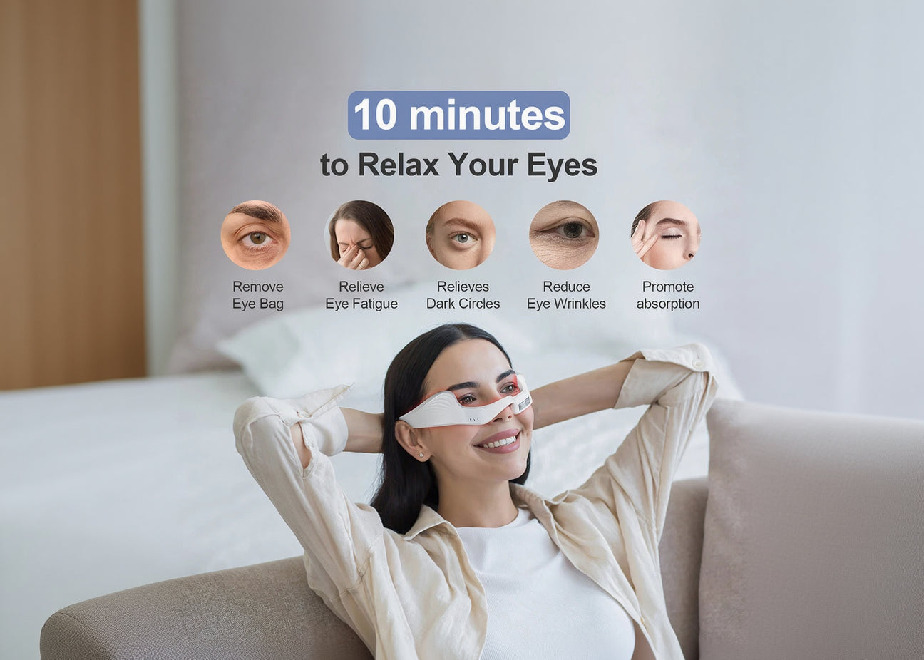 Woman using eye masks with text indicating benefits on a neutral background