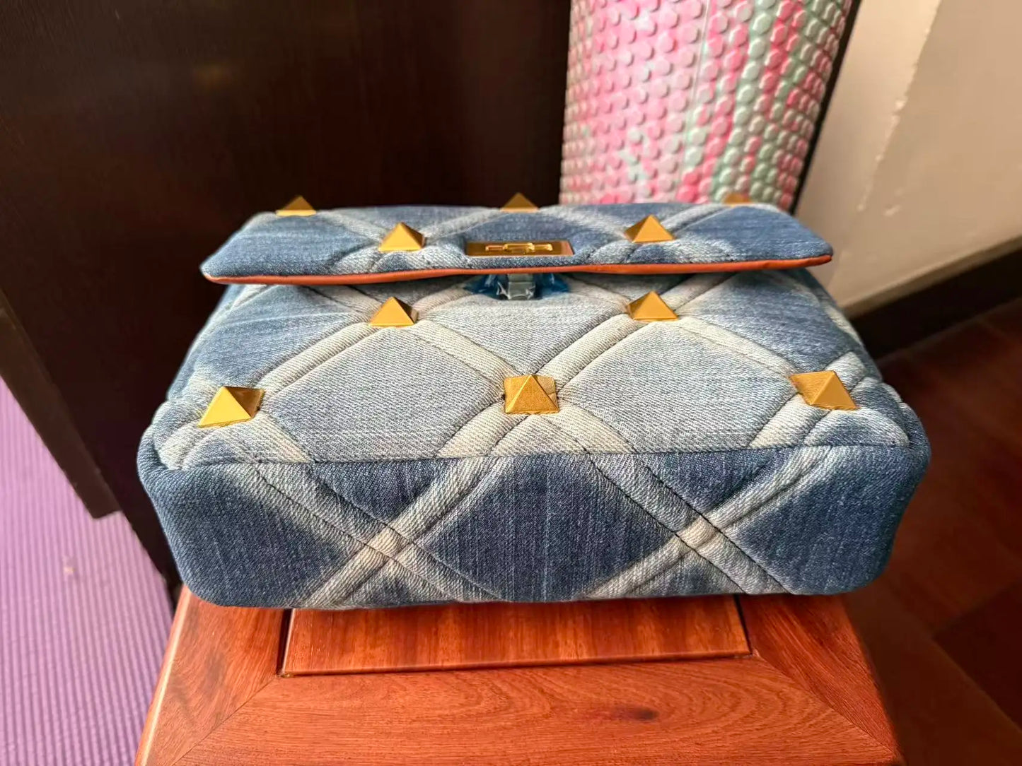 Belle Studded Denim Flap Shoulder Bag