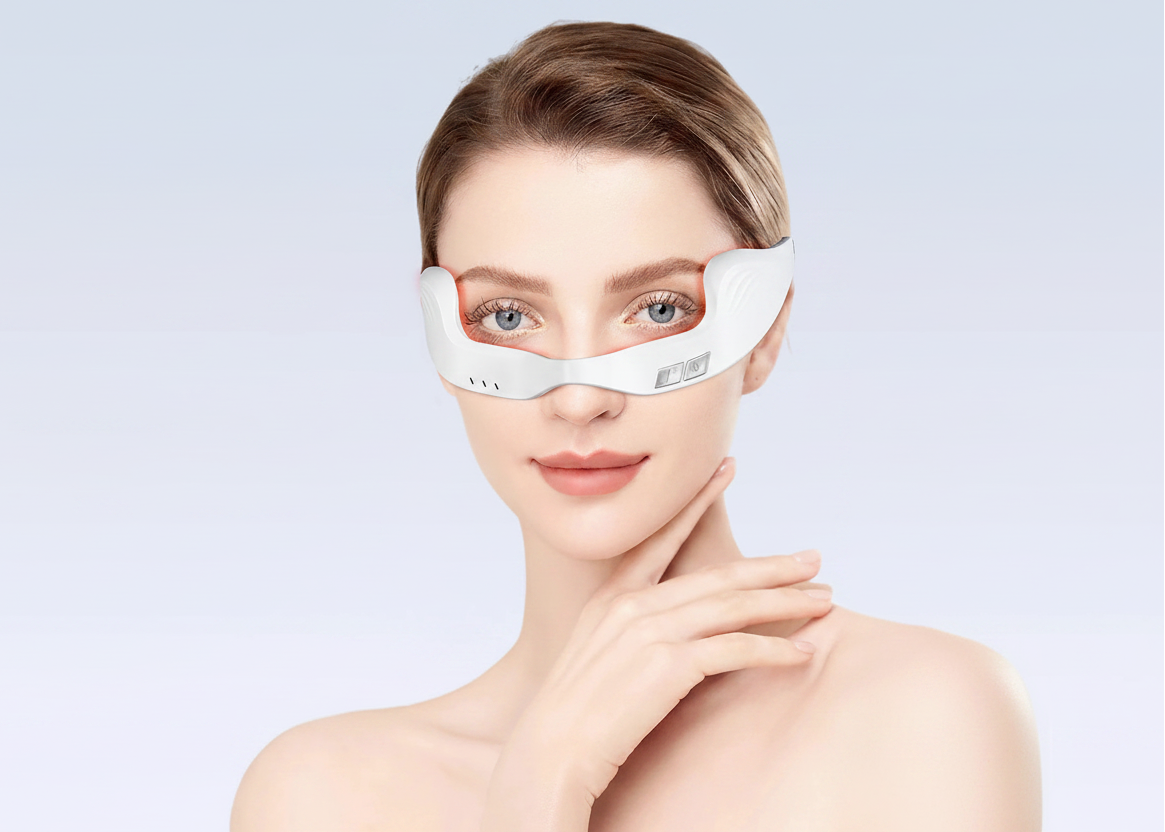 Red EMS Eye Massager with woman using it and before-and-after effects on eyes.