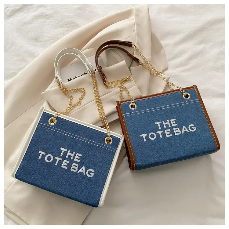Denim Chain Tote Bag with Embroidered Statement Detail