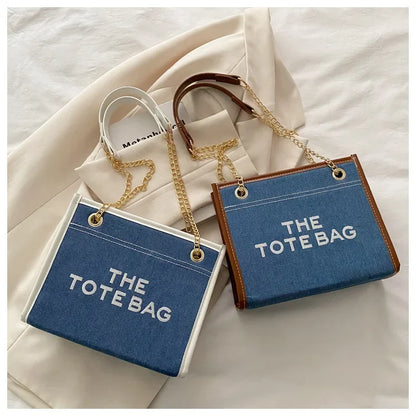 Denim Chain Tote Bag with Embroidered Statement Detail