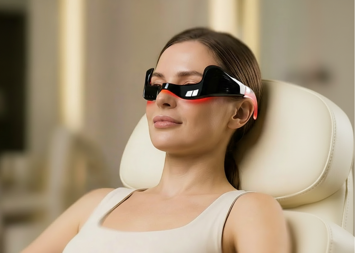 Woman using an eye massager with 'Before' and 'After' comparisons on a blurred background