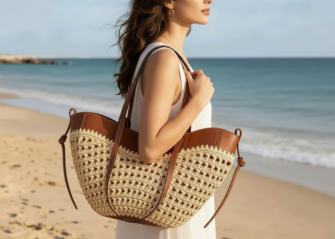 Woman holding a large woven bag on a beach
