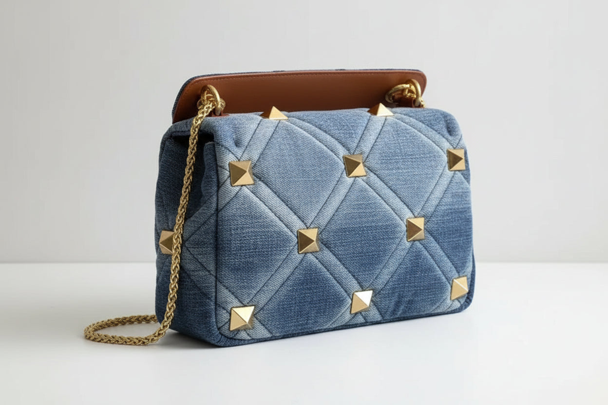 Belle Studded Denim Flap Shoulder Bag