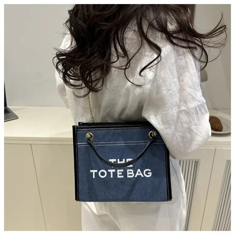 Denim Chain Tote Bag with Embroidered Statement Detail