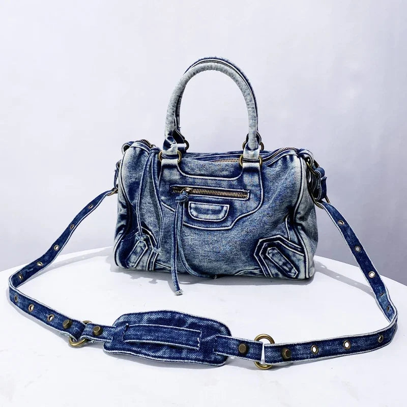 Moto-Inspired Top Handle Shoulder Bag
