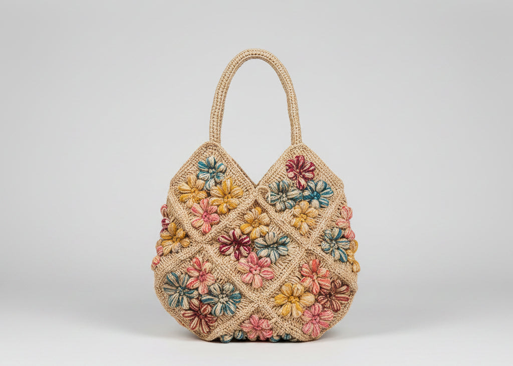 Crocheted bag with floral patterns on a wooden surface