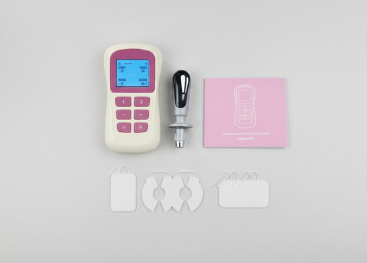 Electroacupuncture device with digital display, needle, and electrodes on a white background