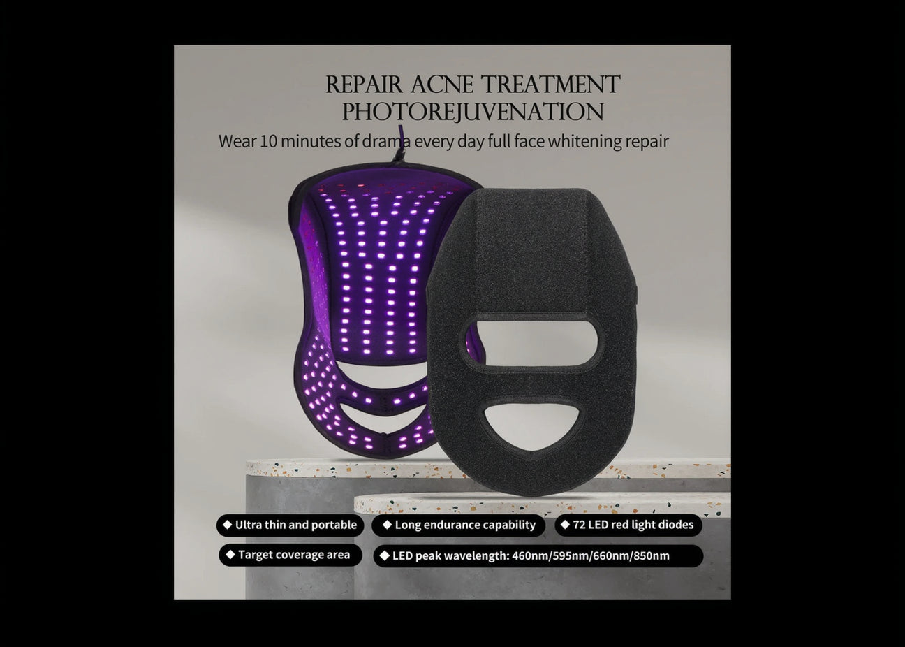 LED light device for acne treatment and photorejuvenation on a neutral background
