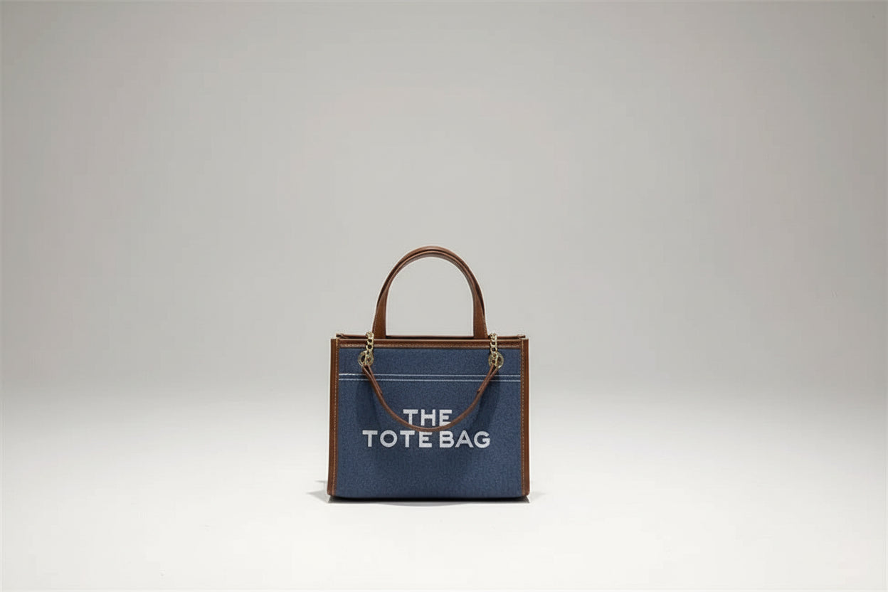 Denim Chain Tote Bag with Embroidered Statement Detail