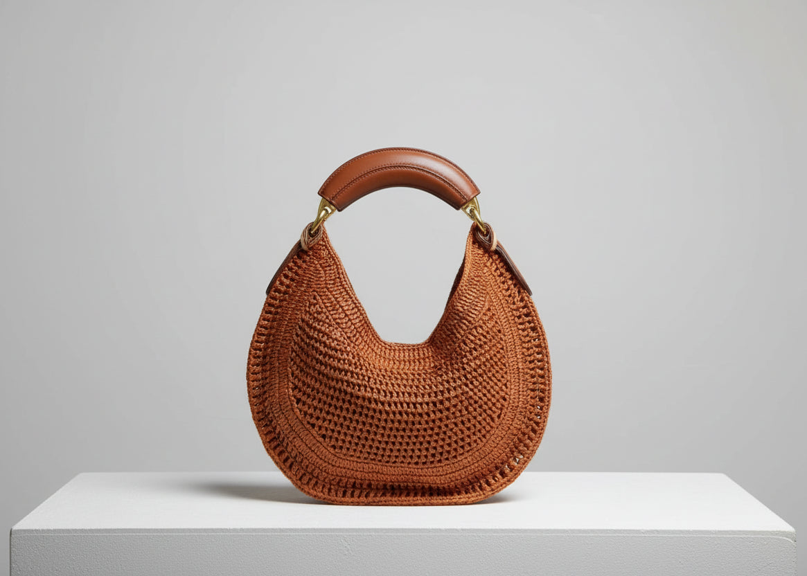 Brown woven handbag held by a person wearing a dark blue outfit.