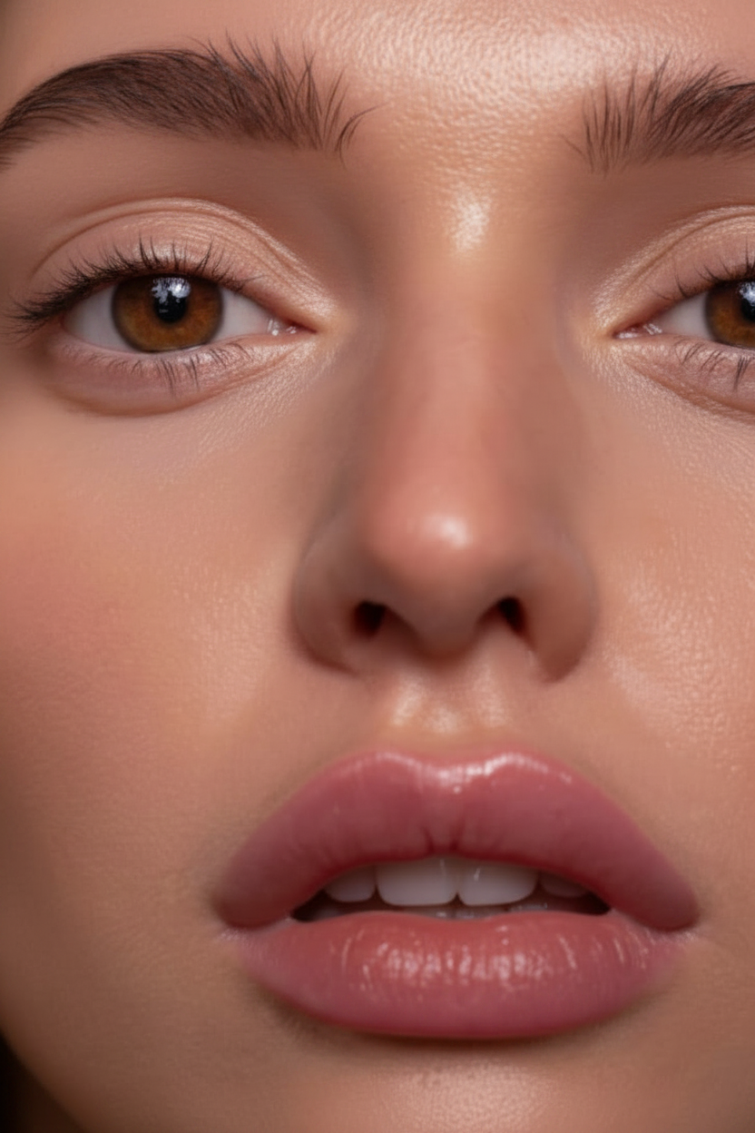 Extreme close-up of a person's face showing makeup application, featuring warm-toned brown eyes, defined eyebrows, and glossy pink lips against a soft beige skin tone.