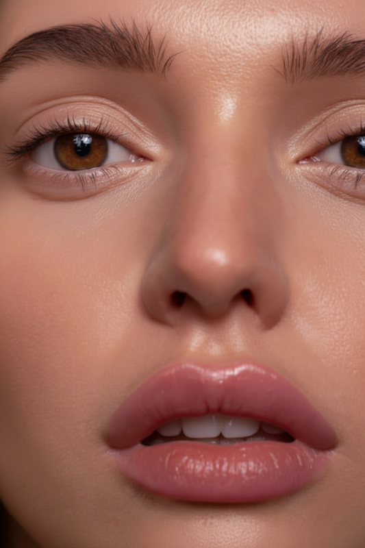 Extreme close-up of a person's face showing makeup application, featuring warm-toned brown eyes, defined eyebrows, and glossy pink lips against a soft beige skin tone.