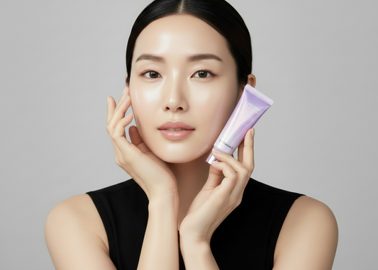 A woman with clean, radiant skin holds a lavender and white cosmetic tube near her face against a solid gray studio background.